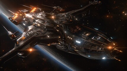 A photorealistic depiction of a ship in space, showcasing chiaroscuro lighting and artistic details