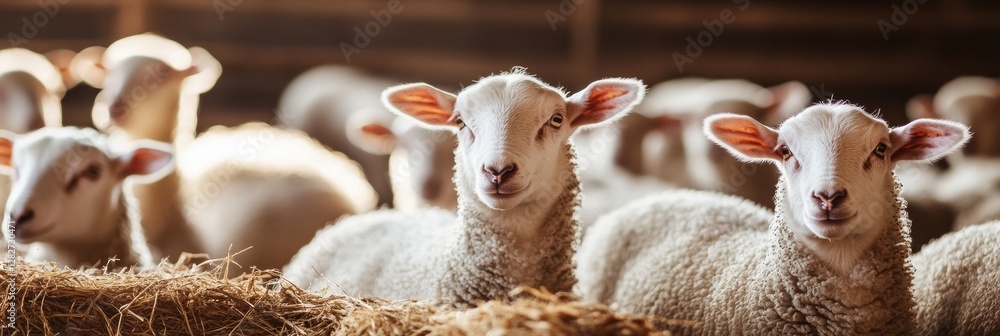Aufkleber Group of sheep resting on straw in a warm barn during daylight hours. Generative AI