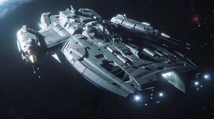 A highly detailed depiction of a ship in space, with artistic rendering and a cinematic light setting