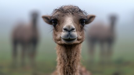 Obraz premium Close-up of a Bactrian Camel in Foggy Field. Possible Use Stock Photo