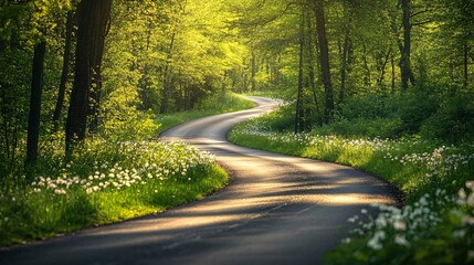 Fototapeta premium Serene Country Road Winding Through Lush Green Forest