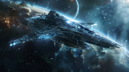 A photorealistic ship exploring the universe, with perfect composition and volumetric light