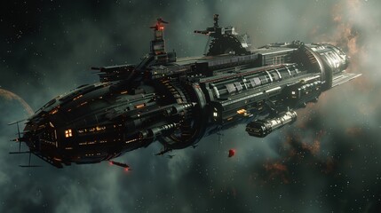 A photorealistic ship exploring the universe, with perfect composition and volumetric light