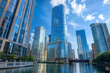 Obraz premium A breathtaking view of stunning modern skyscrapers towering against a clear blue sky, showcasing contemporary architecture and urban vibrancy. Ideal for business and travel themes.