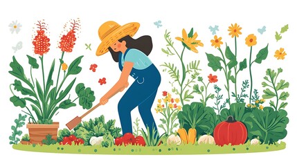 Woman Gardening in a Vibrant Flower and Vegetable Garden