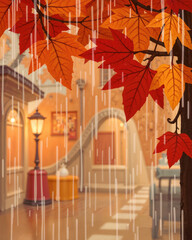 Autumn leaves in vibrant shades of red and orange hang over a cozy street scene during a rain shower. The background features warm-toned buildings and a street lamp, creating a charming atmosphere.