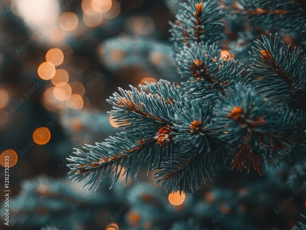 Poster close-up of frosted evergreen branches adorned with warm bokeh lights in a winter setting
