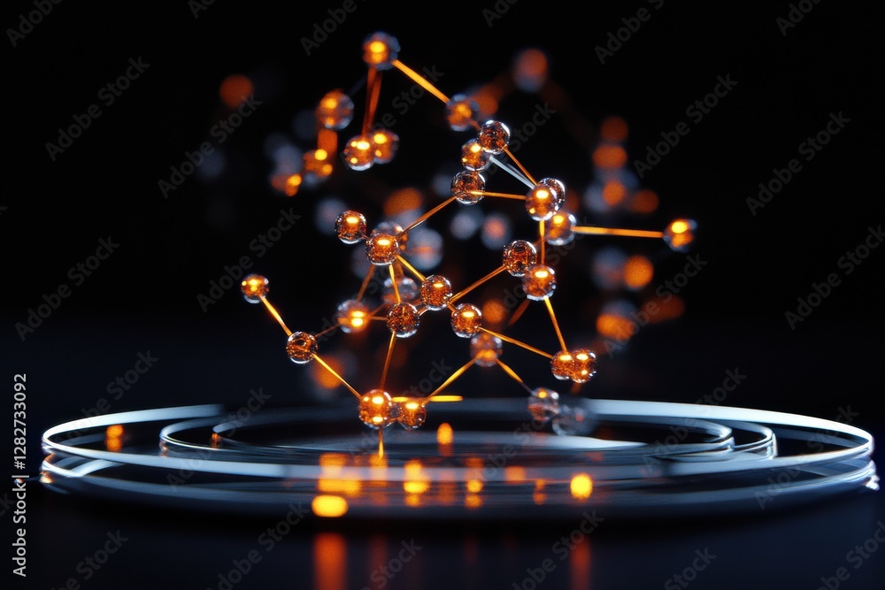 Poster gas molecules in motion illustrating dynamic atomic structures and glowing properties in a scientifi