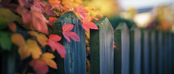 Vibrant autumn leaves cascading over a rustic wooden fence in a serene setting
