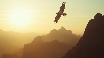Obraz premium Majestic Eagle Soaring Over Golden Sunset Mountain Range