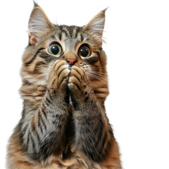 Cat with large green eye staring directly at the camera in a natural indoor setting on white background , cut out.