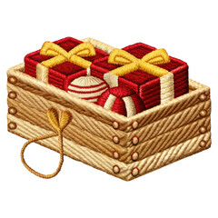 Festive Christmas Presents in Wooden Crate with Red and Gold Ribbons and Holiday Ornaments