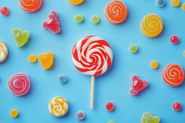 Many gummies and a lollipop on a solid color background