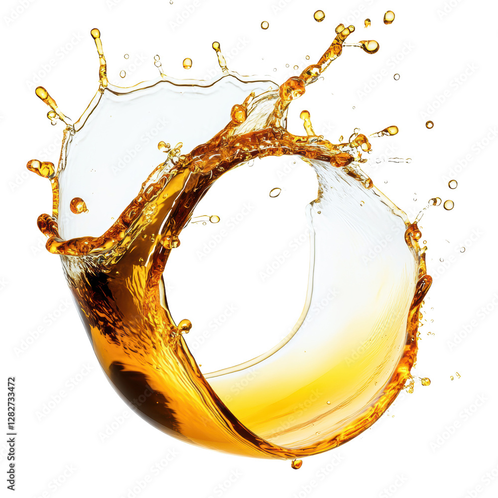 Poster splash of orange liquid creating dynamic shapes and patterns on a white background on white backgrou