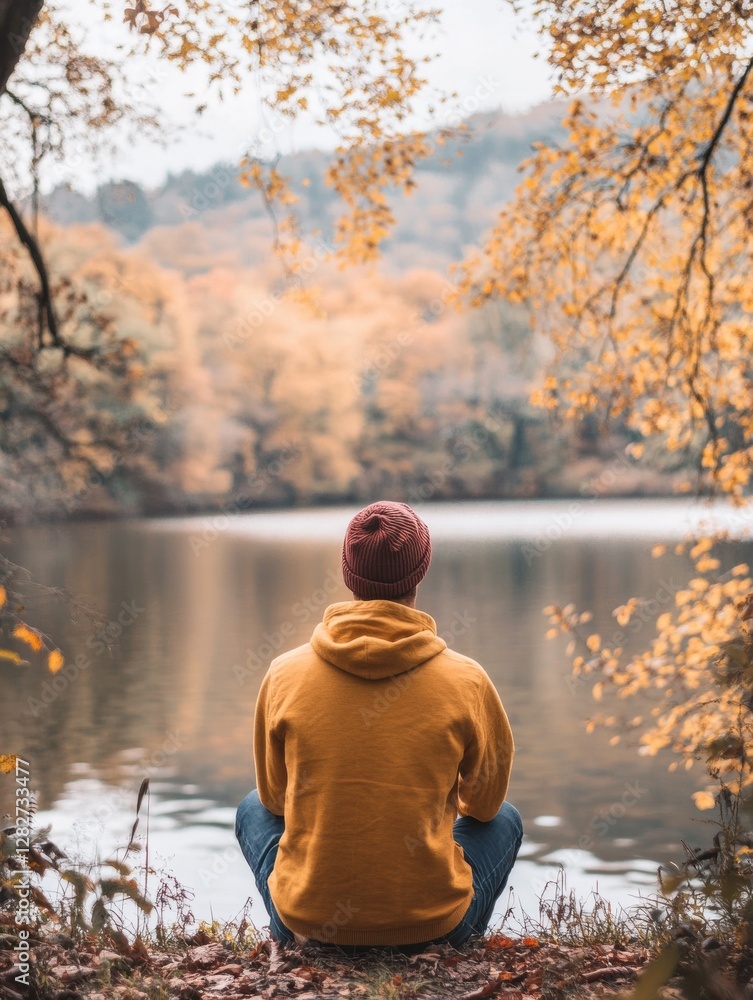 Aufkleber individual enjoying tranquility by a lake surrounded by autumn foliage in a serene natural setting. 
