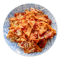 Chilaquiles with red sauce and cheese on decorative plate with transparent background
