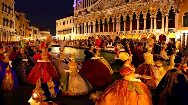 Venetian carnival participants wearing ornate masks and colorful costumes gathering on boats, floating along Grand Canal during festive nighttime celebrations in Venice, Italy