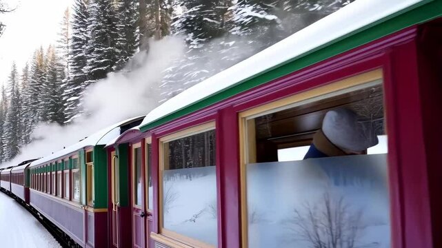 Wooden train roof covered in snow, conductor sealing passenger car door, snow draped forest surrounding vintage railway traveling through mountain winter scenery