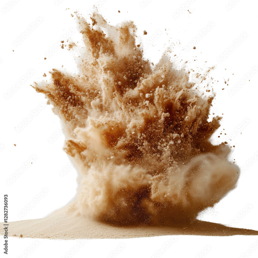 Poster brown substance explosion creating dynamic splashes and patterns against a white background on white