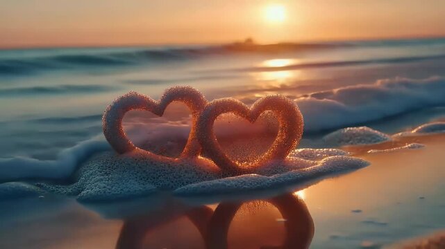 Heart-shaped foam formations on a sandy beach at sunset, with gentle waves in the background