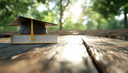 Graduation cap on book outdoors, sunny park background; education, achievement concept for websites, graduation announcements