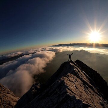 The climber stands atop the peak, arms raised. The clouds part, revealing a vast, sunlit horizon, as victorious in the background.
