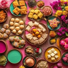 Holi Food Table with Sweet Treats and Traditional Drinks, Holi 