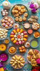 Fototapeta premium Holi Food Table with Sweet Treats and Traditional Drinks, Holi 