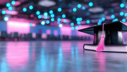 Graduation cap on a book in a modern event hall, signifying academic achievement and future possibilities, ideal for education-related marketing