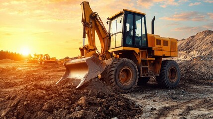 Heavy Machinery at Sunset on Construction Site, Excavator Moving Dirt, Earthwork Equipment