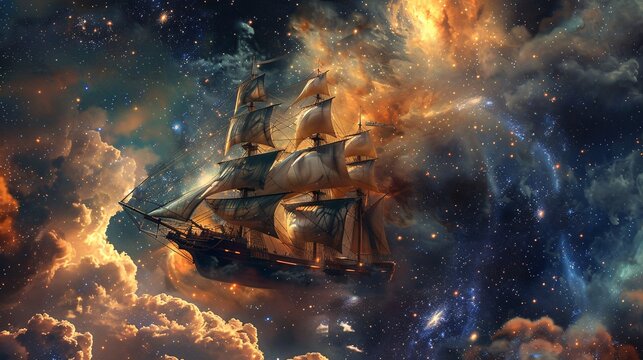 A beautifully detailed ship sailing through a starry background, with perfect composition and intricate designs