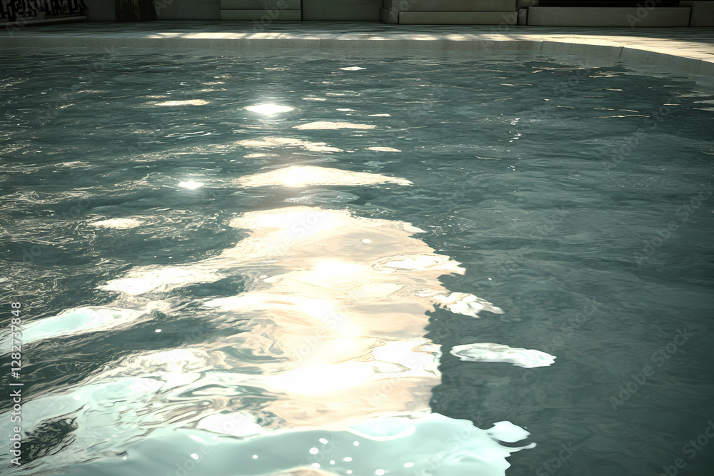 Poster serene sunlight reflecting on the tranquil surface of a swimming pool, creating a calming and peacef