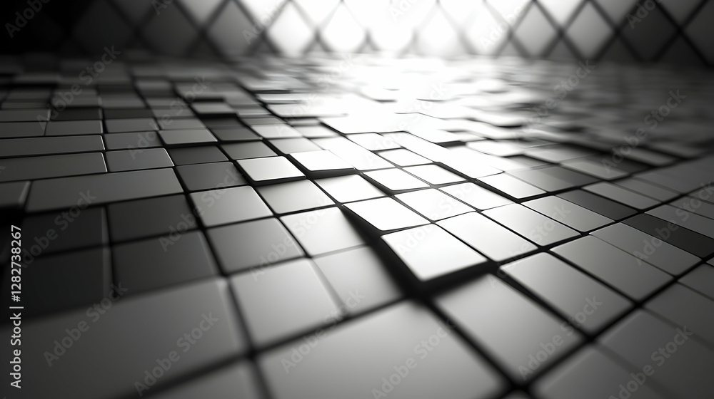 Poster abstract grayscale image of a three-dimensional grid of cubes, creating a dynamic and textured surfa