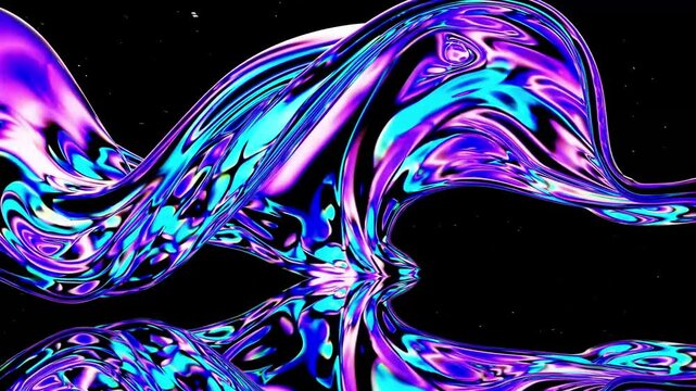 Colorful holographic abstract liquid waves in motion, set on black background
