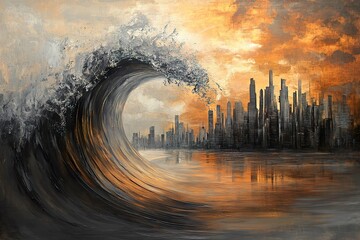Gigantic wave looms over a distant city skyline painting