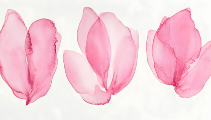 Delicate watercolor painting of three pink flower blossoms, minimalist floral art, soft hues, artistic design.