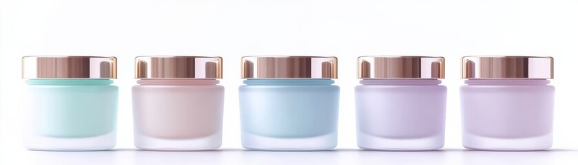 Five frosted cleansing balm jars with minimalistic branding and metallic lids, pastel color variations, photorealistic, isolated on white background