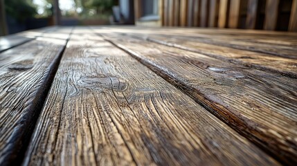 Close-up of wet wooden deck boards after rain reflecting sunlight outdoors