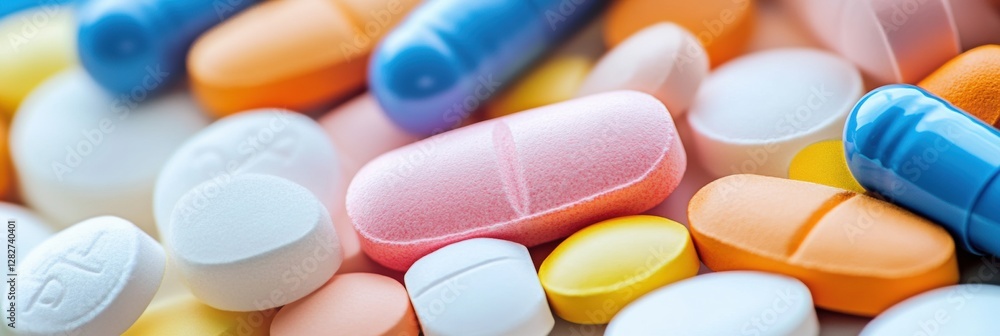 Poster assorted pills and tablets in various colors and shapes scattered on a surface for health or pharmac