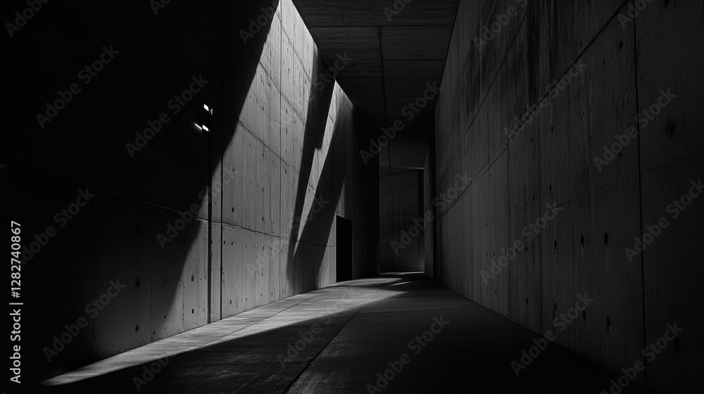 Poster a dimly lit concrete corridor showcasing sharp shadows and minimalist design, hinting at an artistic