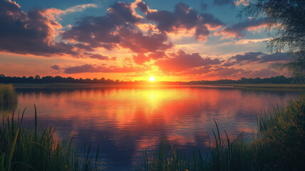 Obraz premium Breathtaking bright sunset in the evening sky with golden light fading into the horizon