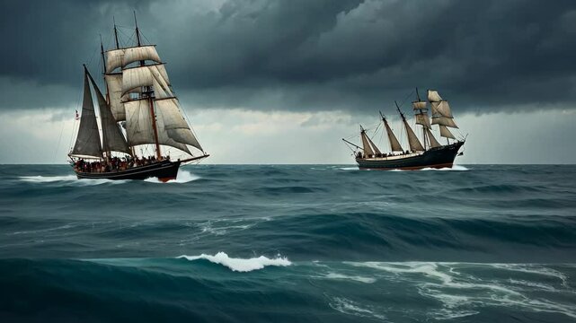 Majestic Sailing Ships Navigate Rough Seas Under Dramatic Stormy Sky Backdrop
