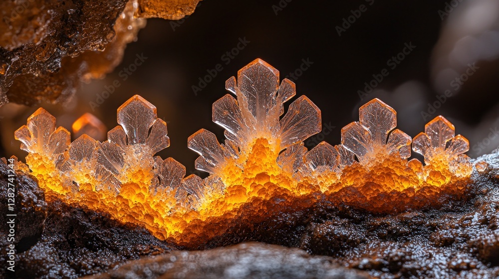 Poster close-up view of crystal formations in cave illuminated by light from beneath