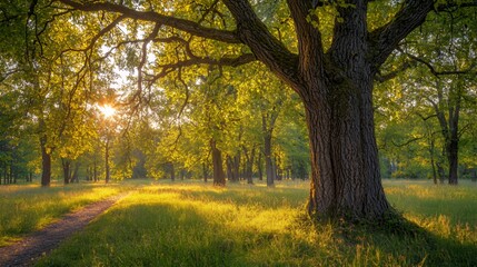 Fototapeta premium Sunlit Forest Path at Sunset