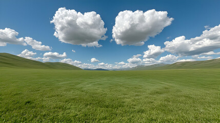 Obraz premium Sunny day, green hills, fluffy clouds, vast landscape. Ideal for travel brochures
