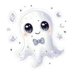 Cute ghost illustration with a bow tie, surrounded by stars and moons on a black background for Halloween use