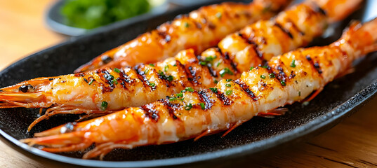 Grilled prawns on a dark plate, close-up view, with a blurred background suggesting a restaurant setting. Ideal for food blogs or restaurant menus