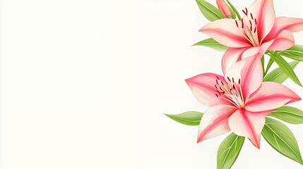 Fototapeta premium Pink Lilies on White Background Watercolor Floral Illustration