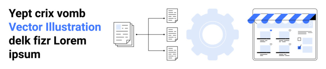 Documents connected by arrows, a gear representing settings, and an online store interface with a blue awning. Ideal for business process, organization, e-commerce, technology, data management