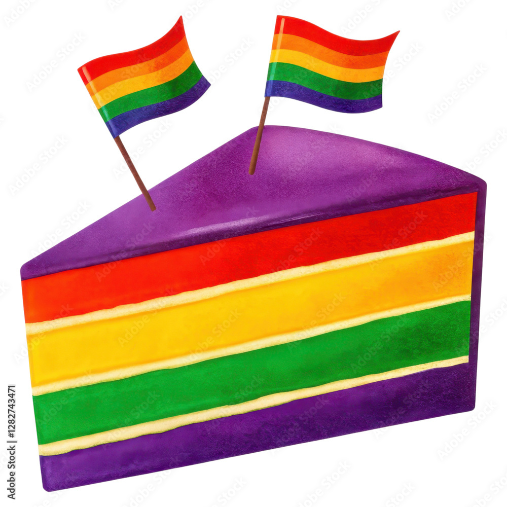 Poster slice of layered rainbow pride cake with flags on a transparent background